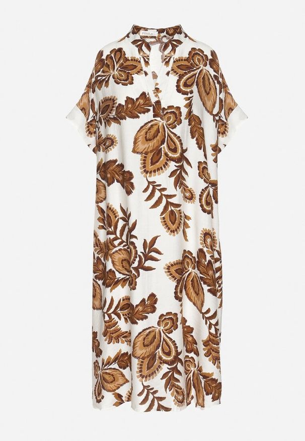 Born2be - Brązowa Sukienka z Wiskozą i Lnem Pudełkowa z Kieszeniami w Kwiatowy Wzór Boho Natundelia. Okazja: na co dzień. Kolor: brązowy. Materiał: wiskoza, len. Wzór: kwiaty. Styl: boho