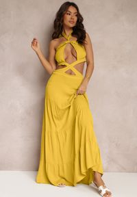 Renee - Żółta Rozkloszowana Sukienka z Wiskozy z Wiązaniem i Wycięciami Kailen. Kolor: żółty. Materiał: wiskoza. Typ sukienki: asymetryczne #5