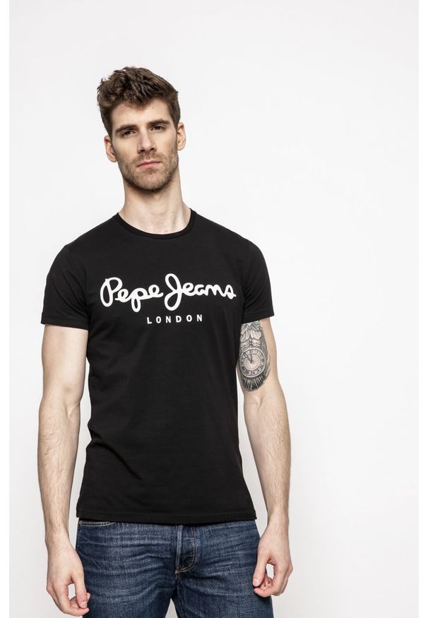 Pepe Jeans - T-shirt. Okazja: na co dzień. Kolor: czarny. Materiał: dzianina. Wzór: nadruk. Styl: casual