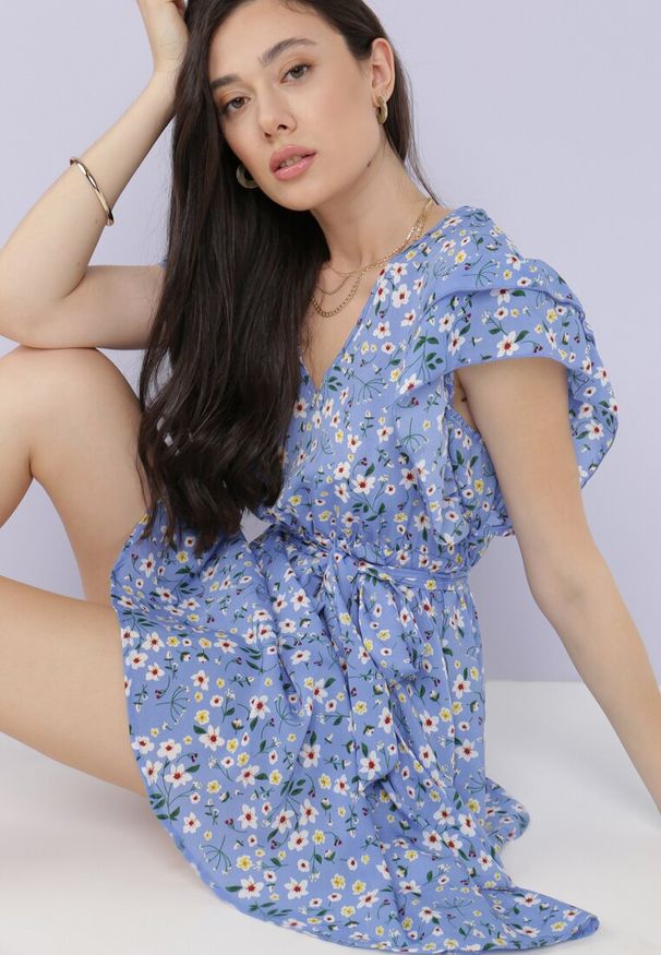 Born2be - Niebieska Sukienka Dioete. Kolor: niebieski. Materiał: materiał. Wzór: kwiaty