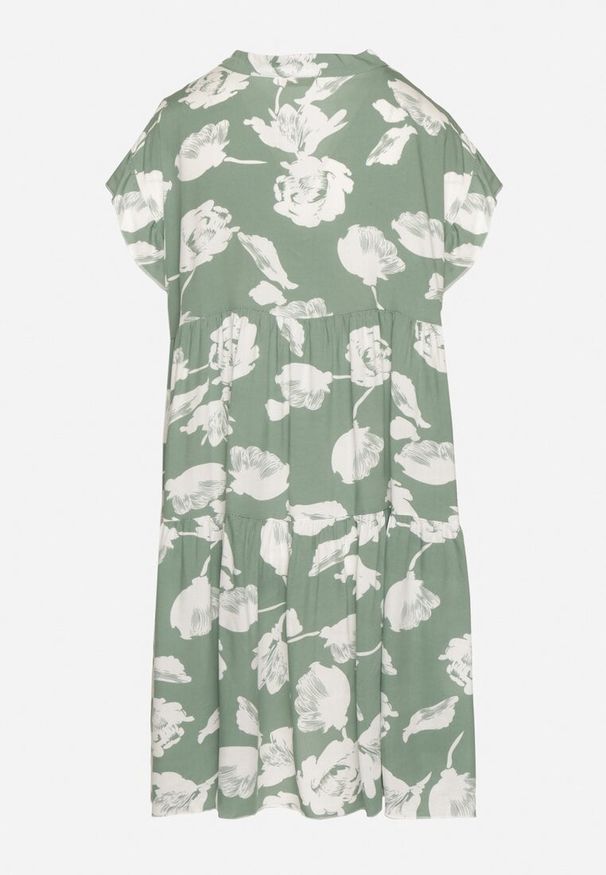 Born2be - Zielona Bawełniana Sukienka o Kroju Oversize w Kwiaty Liralea. Okazja: na spacer, na co dzień. Kolor: zielony. Materiał: bawełna. Wzór: kwiaty. Typ sukienki: oversize. Styl: casual, klasyczny