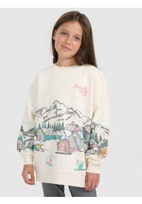 4f - 4F Bluza dresowa loose nierozpinana bez kaptura dziewczęca - biała 146/152 (10-12 lat). Okazja: na uczelnię, na co dzień. Typ kołnierza: bez kaptura. Kolor: biały. Materiał: dresówka. Wzór: nadruk. Sezon: lato. Styl: casual, sportowy #1