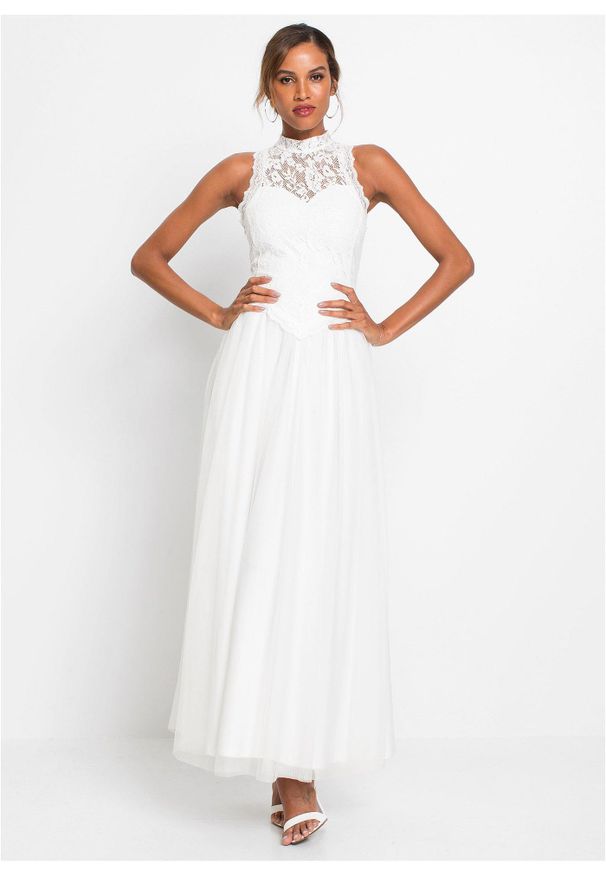 bonprix - Sukienka ślubna z tiulu z koronką. Okazja: na ślub cywilny, na wesele. Typ kołnierza: dekolt gorset, kołnierzyk stójkowy. Kolor: biały. Materiał: tiul, koronka. Wzór: koronka. Typ sukienki: gorsetowe