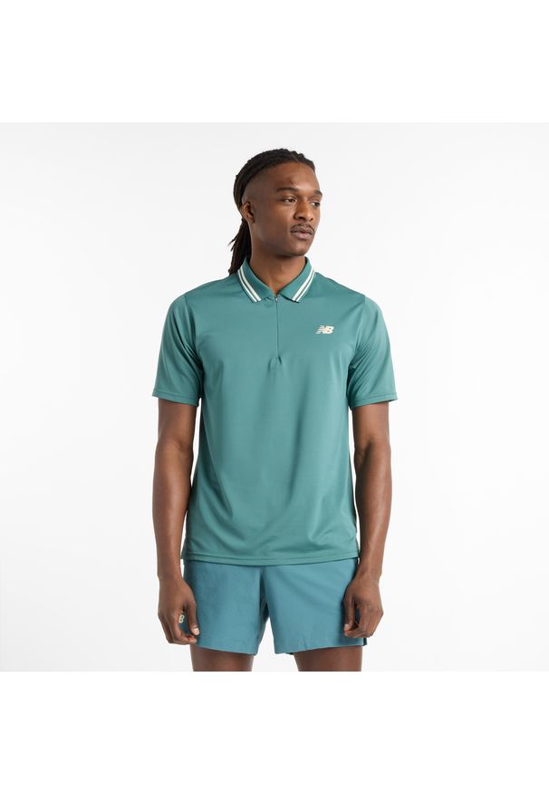 Koszulka męska New Balance MT41402NUS – zielona. Typ kołnierza: polo. Kolor: zielony. Materiał: poliester, materiał. Sport: tenis