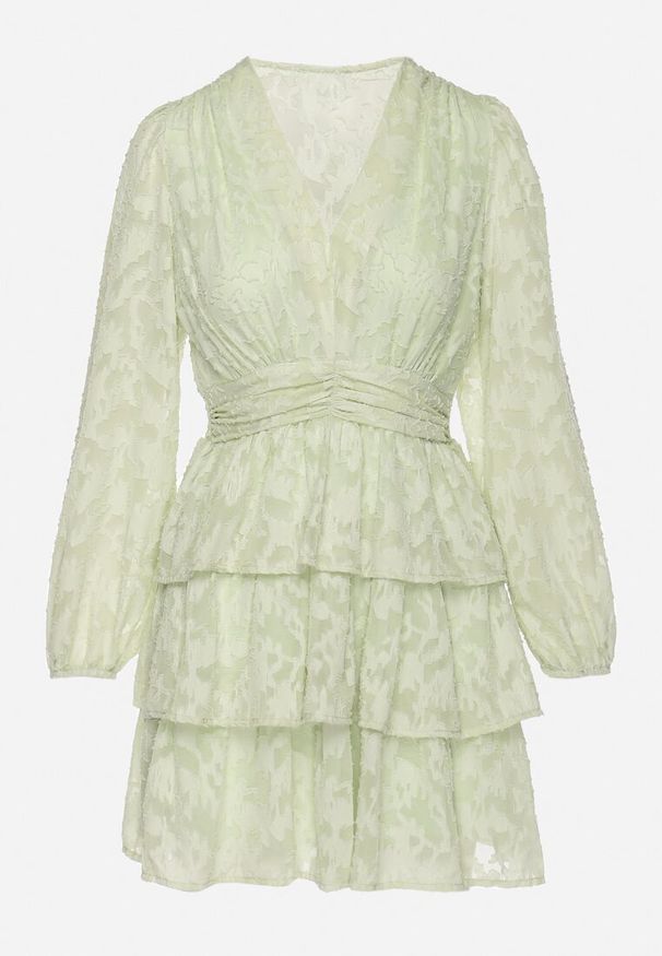 Born2be - Jasnozielona Rozkloszowana Sukienka Mini z Marszczeniami i Falbankami Lanevin. Typ kołnierza: kołnierz z falbankami. Kolor: zielony. Długość: mini