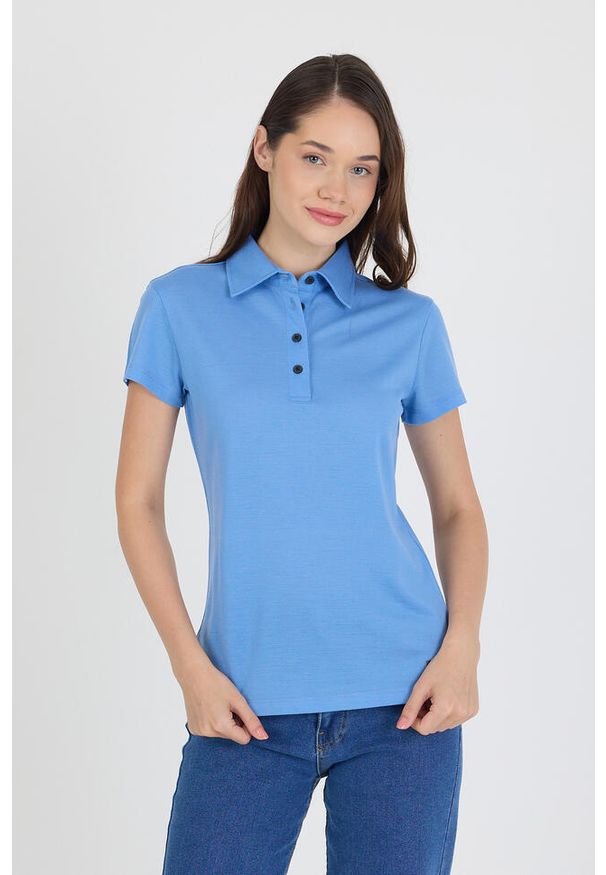WOOLONA - Koszulka Polo Damska 100% Merino Woolona. Typ kołnierza: polo. Kolor: niebieski