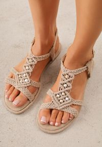 Renee - Beżowe Boho Sandały VICES z Plecioną Cholewką z Koralikami Kalisa. Okazja: na co dzień. Zapięcie: pasek. Kolor: beżowy. Wzór: aplikacja. Sezon: lato. Styl: boho #9