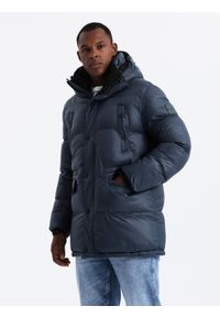 Ombre Clothing - Męska długa kurtka puffer z zapinanymi kieszeniami – granatowa V3 OM-JALJ-0186 - XL. Kolor: niebieski. Materiał: poliester, syntetyk, nylon, materiał, polar. Długość: długie. Wzór: aplikacja