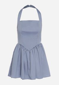 Born2be - Niebieska Rozkloszowana Sukienka Vices z Paskiem na Szyję Nelimira. Okazja: na co dzień. Kolor: niebieski. Wzór: aplikacja. Styl: elegancki, casual #5