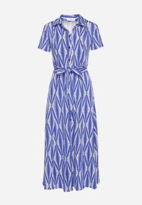 Born2be - Niebieska Sukienka Koszulowa w Geometryczny Wzór Zapinana na Guziki z Materiałowym Paskiem Thilea. Okazja: na spotkanie biznesowe. Kolor: niebieski. Materiał: materiał. Wzór: geometria. Typ sukienki: koszulowe. Styl: biznesowy #7