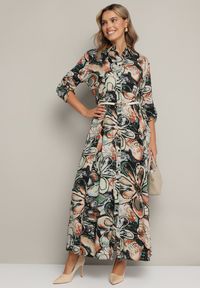 Born2be - Czarno-Beżowa Koszulowa Kwiatowa Sukienka z Wiskozy Ozdobiona Guzikami Enanoris. Okazja: na co dzień. Kolor: czarny. Materiał: wiskoza. Długość rękawa: długi rękaw. Wzór: aplikacja, kwiaty. Typ sukienki: koszulowe. Styl: casual, elegancki #6