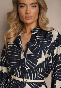 Renee - Niebieska Rozkloszowana Sukienka z Wiskozy z Motywem Liści Wilvesia. Okazja: na co dzień. Typ kołnierza: dekolt w serek. Kolor: niebieski. Materiał: wiskoza. Styl: klasyczny, elegancki, casual #5
