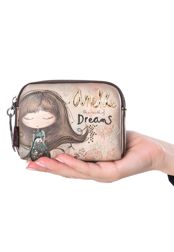 Portfel damski Anekke, portmonetka z ozdobną grafiką kompaktowa na zamek, brązowy, 41709-018. Kolor: brązowy. Wzór: aplikacja, motyw z bajki, haft