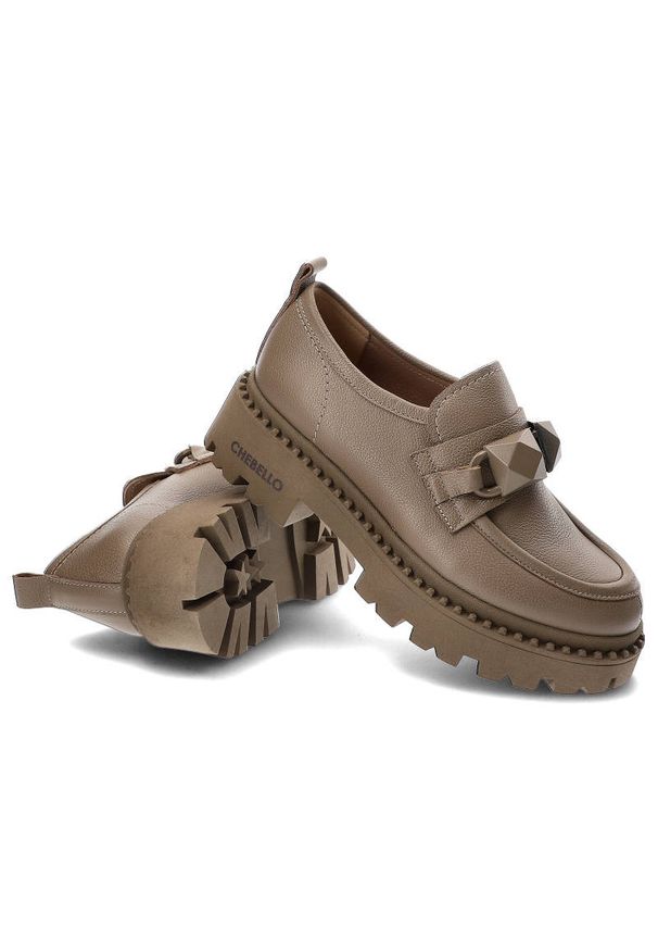 CheBello - Brązowe Półbuty Chebello Modne Skórzane Mokasyny Damskie. Okazja: na co dzień. Kolor: brązowy. Materiał: skóra. Styl: elegancki, klasyczny, casual