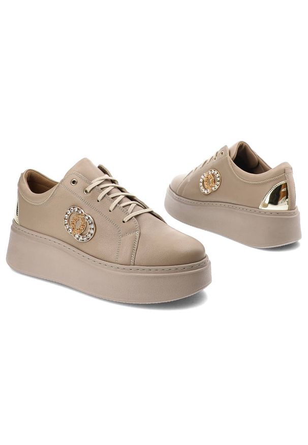 Beżowe Sneakersy Lamanti Damskie Stylowe Obuwie. Okazja: na co dzień. Nosek buta: okrągły. Kolor: beżowy. Materiał: jeans, skóra