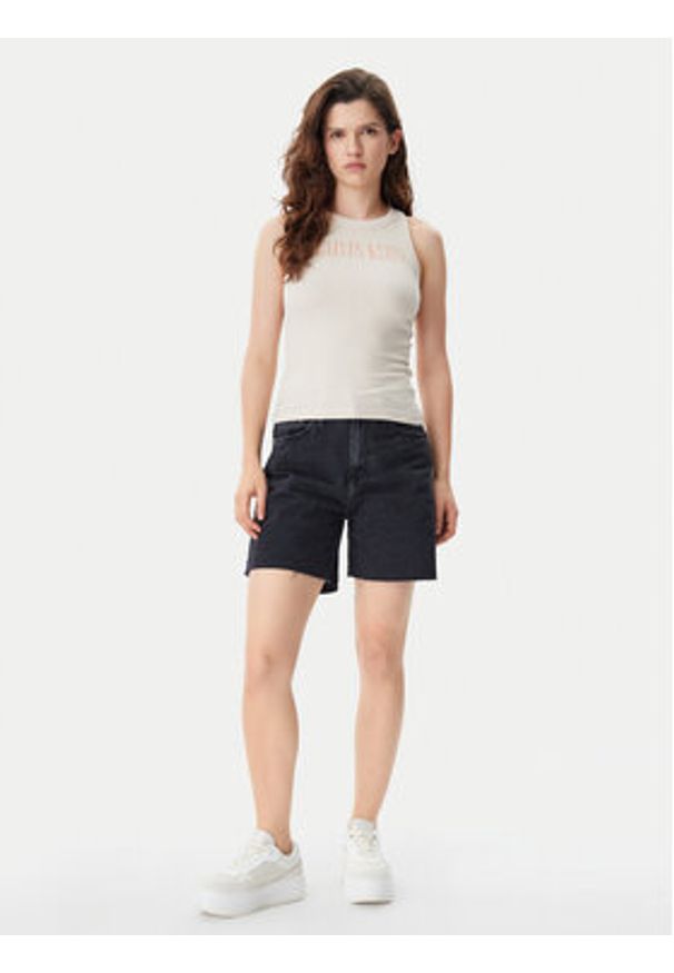 Calvin Klein Jeans Top Varsity J20J225520 Beżowy Slim Fit. Kolor: beżowy. Materiał: bawełna