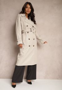 Renee - Jasnobeżowy Oversizowy Płaszcz Trencz o Dwurzędowym Kroju z Paskiem Darinella. Okazja: na co dzień. Kolor: beżowy. Materiał: jeans. Styl: casual, elegancki #5