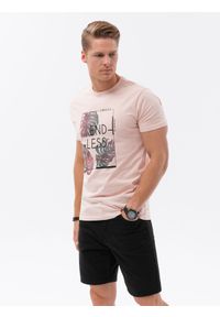 Ombre Clothing - T-shirt męski bawełniany z nadrukiem - jasnoróżowa V2 S1741 - XXL. Kolor: różowy. Materiał: bawełna. Długość rękawa: krótki rękaw. Długość: krótkie. Wzór: nadruk. Styl: klasyczny