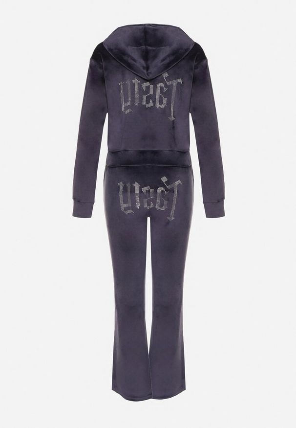 Born2be - Granatowy Welurowy Komplet Dresowy z Cyrkoniową Aplikacją Bluza i Spodnie Mitene. Kolor: niebieski. Materiał: welur, dresówka. Wzór: aplikacja. Sport: turystyka piesza