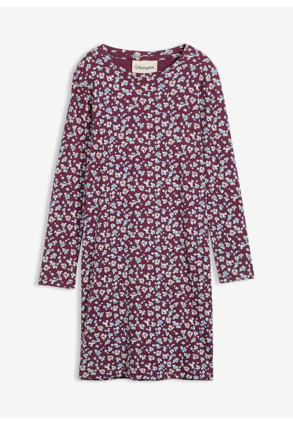 bonprix - Sukienka z prążkowanego dżerseju z bawełny organicznej. Kolor: fioletowy. Materiał: jersey, prążkowany, bawełna. Wzór: kwiaty