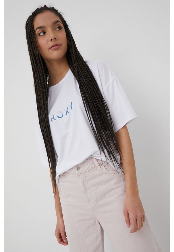 Roxy t-shirt damski kolor biały. Kolor: biały. Materiał: materiał. Długość rękawa: krótki rękaw. Długość: krótkie. Wzór: nadruk