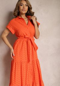 Renee - Pomarańczowa Koszulowa Sukienka z Ażurowej Bawełny Wiązana w Talii Lulilena. Okazja: na spacer. Kolor: pomarańczowy. Materiał: bawełna. Długość rękawa: krótki rękaw. Wzór: ażurowy. Sezon: lato. Typ sukienki: koszulowe. Styl: elegancki #3