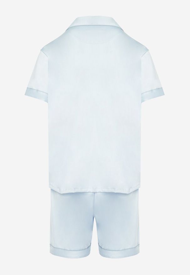 Born2be - Jasnoniebieski Satynowy Komplet Piżamowy Krótka Koszula i Szorty Selitte. Kolor: niebieski. Materiał: satyna. Długość: krótkie. Wzór: aplikacja, haft