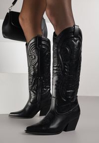 Born2be - Czarne Kozaki Kowbojki na Stożku z Przeszywanym Wzorem na Cholewce Feressa. Okazja: na co dzień. Kolor: czarny. Materiał: jeans. Szerokość cholewki: normalna. Obcas: na stożku. Styl: casual #1