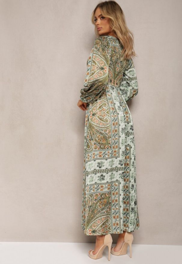 Renee - Zielona Sukienka Maxi Boho z Bufiastym Rękawem i Rozkloszowanym Dołem Veltiana. Okazja: na co dzień. Kolor: zielony. Materiał: materiał. Typ sukienki: proste, rozkloszowane. Styl: boho. Długość: maxi