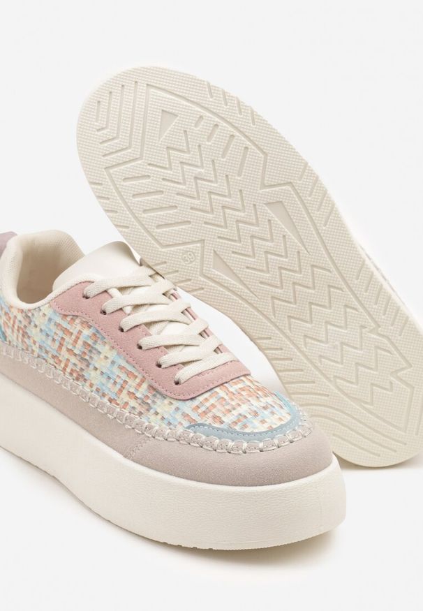 Born2be - Beżowo-Różowe Sneakersy na Grubej Podeszwie z Plecioną Cholewką Nilavanea. Okazja: na co dzień. Kolor: beżowy. Materiał: jeans. Szerokość cholewki: normalna