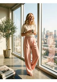 Sinsay - Spodnie wide leg z paskiem - różowy. Kolor: różowy #1