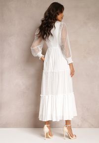 Renee - Biała Sukienka z Bufiastym Rękawem Ozdobiona Tiulowymi Wstawkami Laluna. Kolor: biały. Materiał: tiul. Wzór: aplikacja