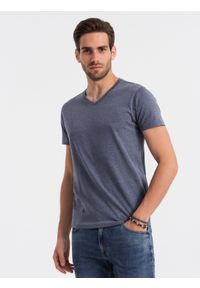 Ombre Clothing - Klasyczna męska bawełniana koszulka z dekoltem w serek BASIC - niebieski melanż V7 OM-TSBS-0145 - L. Typ kołnierza: dekolt w serek. Kolor: niebieski. Materiał: bawełna. Wzór: melanż. Styl: klasyczny #6