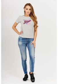 Guess - GUESS Szary t-shirt damski iconic, Rozmiar XS. Kolor: szary. Materiał: bawełna. Wzór: aplikacja