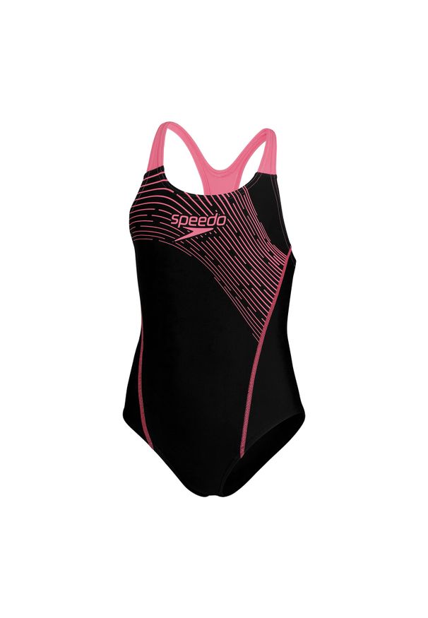 Dziewczęcy jednoczęściowy kostium kąpielowy Speedo Eco Medley Logo Medalist. Kolor: różowy, wielokolorowy, czarny
