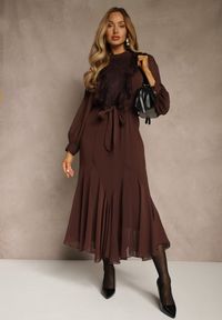 Renee - Brązowa Romantyczna Sukienka z Bufiastymi Rękawami i Falbanką z Koronki Sewmira. Kolor: brązowy. Materiał: koronka. Wzór: koronka. Styl: elegancki, rockowy #5
