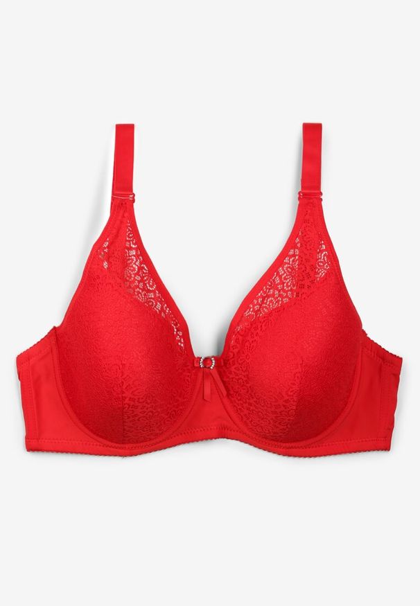 Renee - Czerwony Koronkowy Biustonosz Full Cup z Ozdobnymi Cyrkoniami na Kokardce Nikoriana. Kolor: czerwony. Materiał: koronka. Wzór: koronka