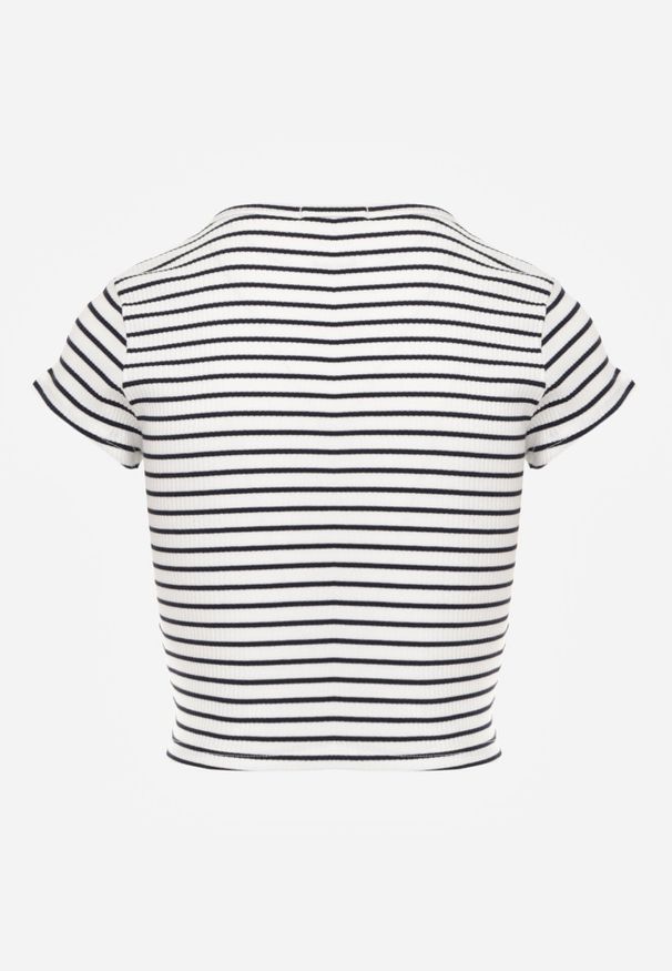 Born2be - Biały Bawełniany Krótki Prążkowany Top w Paski z Wycięciem przy Dekolcie Isereia. Okazja: na co dzień. Kolor: biały. Materiał: bawełna, prążkowany. Długość: krótkie. Wzór: paski. Styl: casual
