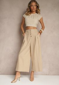 Renee - Ciemnobeżowe Spodnie Culottes High Waist z Bawełny Zdobione Guzikami Izuma. Okazja: na co dzień. Stan: podwyższony. Kolor: beżowy. Materiał: bawełna. Wzór: aplikacja. Styl: elegancki, casual