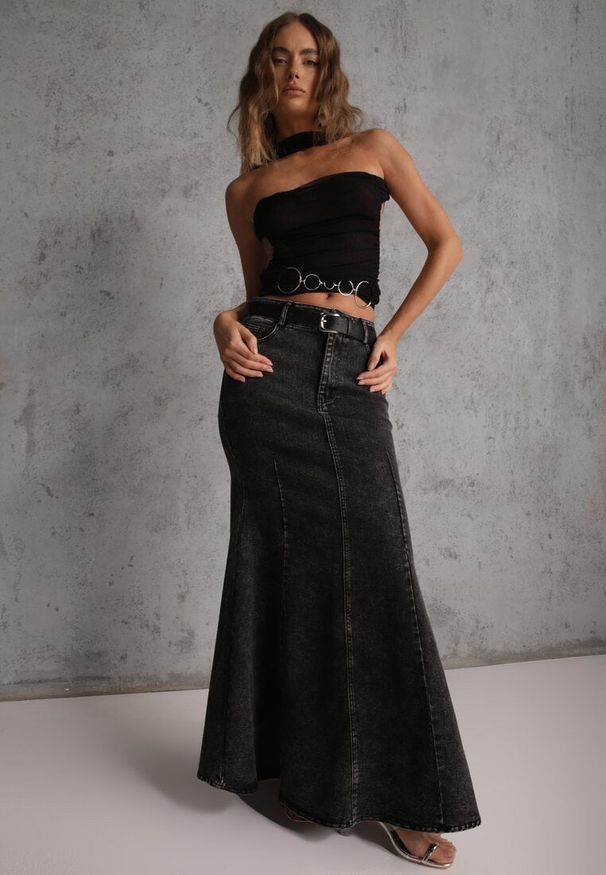 Renee - Czarna Spódnica Syrenka z Bawełny Jeansowa High Waist z Paskiem Appala. Okazja: na co dzień. Stan: podwyższony. Kolor: czarny. Materiał: bawełna, jeans. Styl: casual, elegancki