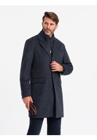 Ombre Clothing - Rozpinany męski płaszcz z wełną – granatowy V1 - Rozmiar: XXL. Kolor: niebieski. Materiał: wełna. Sezon: zima. Styl: elegancki #4