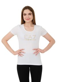 EA7 Emporio Armani - EA7 Biały damski t-shirt z cyrkoniami, Rozmiar XS. Kolor: biały