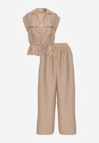 Born2be - Beżowy Wiskozowy Komplet w Stylu Safari Spodnie i Bluzka na Suwak z Wiązaniem Iphisei. Kolor: beżowy. Materiał: wiskoza #6