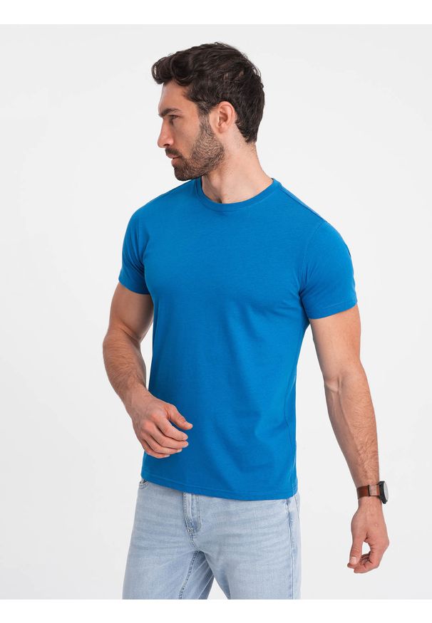 Ombre Clothing - Męski klasyczny bawełniany T-shirt BASIC - niebieski V12 OM-TSBS-0146 - XXL. Okazja: na co dzień. Kolor: niebieski. Materiał: bawełna. Styl: klasyczny