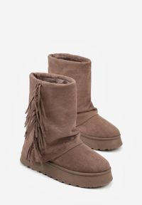 Born2be - Jasnobrązowe Botki w Stylu Śniegowców z Frędzlami i Cholewką Imitującą Nogawkę Sierafera. Zapięcie: bez zapięcia. Kolor: brązowy. Materiał: jeans. Szerokość cholewki: normalna #4