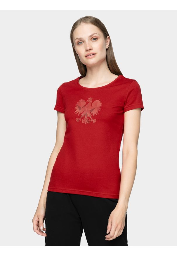 4f - Koszulka kibica damska. Kolor: czerwony. Materiał: bawełna, dzianina, jersey. Wzór: nadruk, geometria