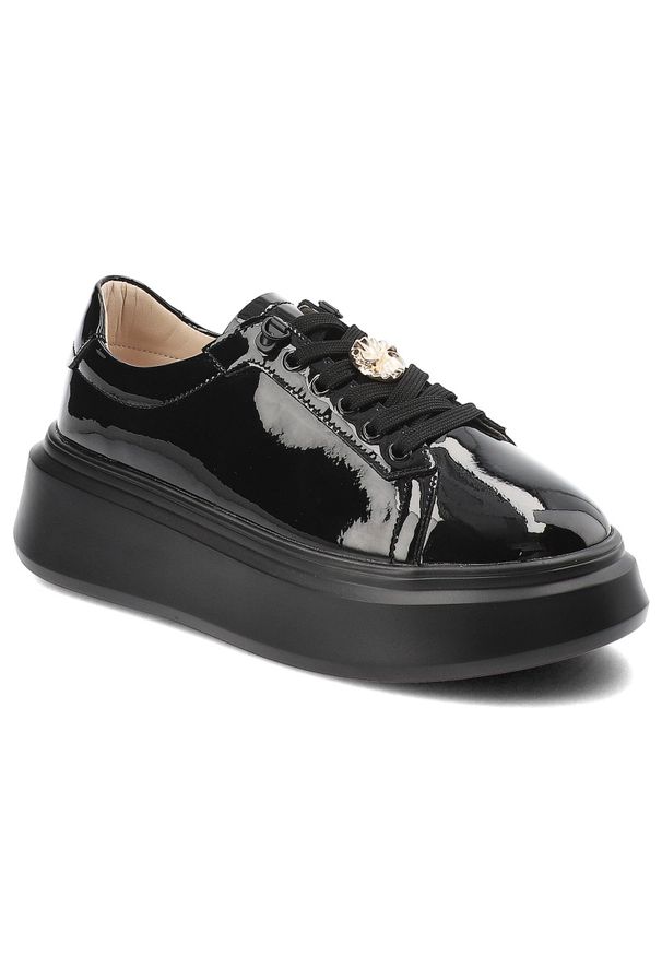 Czarne Sneakersy Artiker Modne Obuwie Damskie. Okazja: na co dzień. Kolor: czarny. Materiał: lakier, skóra. Obcas: na platformie