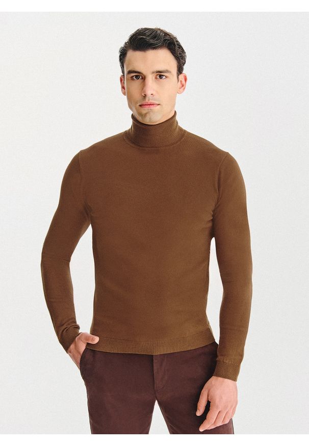 Pako Lorente - PALKO LORENTE - Kamelowy gładki golf męski. Typ kołnierza: golf. Kolor: zielony. Materiał: poliamid, bawełna, elastan. Wzór: gładki. Sezon: jesień