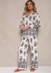 Renee - Biało-Granatowy Komplet z Wiskozy Zdobiony Printem Paisley Koszula i Spodnie Zolleva. Kolor: niebieski. Materiał: wiskoza. Wzór: aplikacja, paisley, nadruk