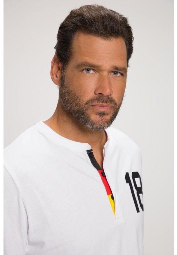 JAY-PI - Męska Koszulka henley długi rękaw piłkarski nadruk plisa guzikowa. Typ kołnierza: typu henley. Kolekcja: plus size. Kolor: biały. Materiał: materiał, bawełna. Długość rękawa: długi rękaw. Długość: długie. Wzór: nadruk. Sport: piłka nożna